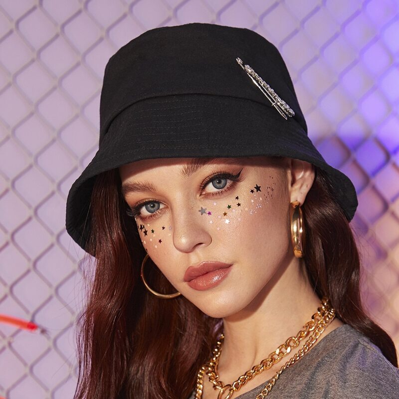 

Safety Pin Decor Bucket Hat, Black