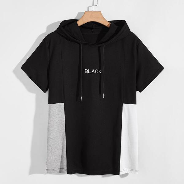 

Men Contrast Panel Letter Graphic Hooded Tee, Multicolor