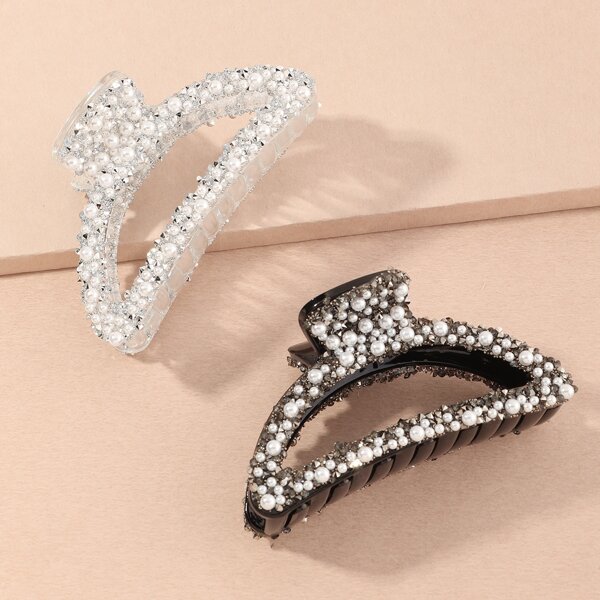 

2pcs Rhinestone & Faux Pearl Decor Hair Claw, Multicolor
