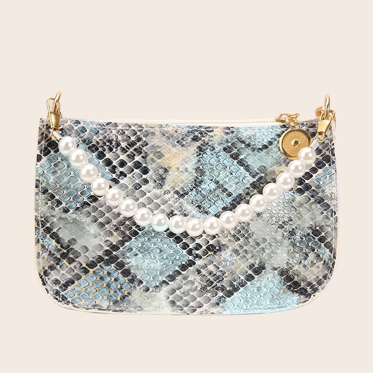 

Snakeskin Faux Pearl Handle Baguette Bag, Blue