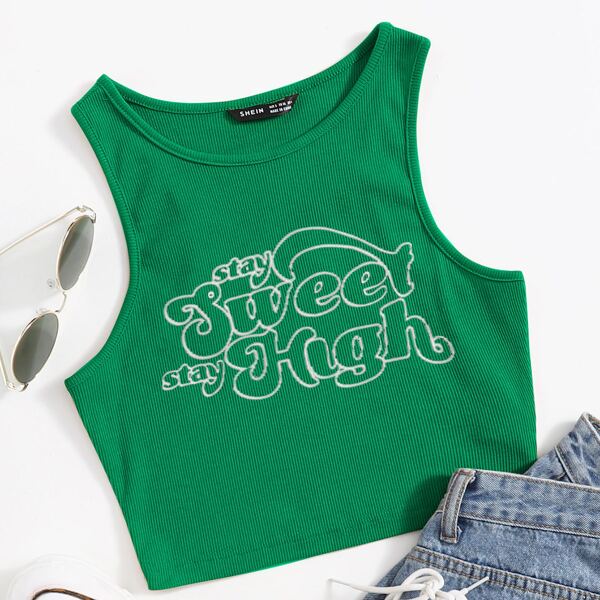 

Slogan Graphic Crop Tank Top, Green