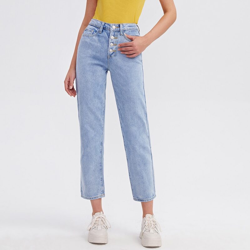 

High Waist Button Fly Cropped Jeans, Light wash