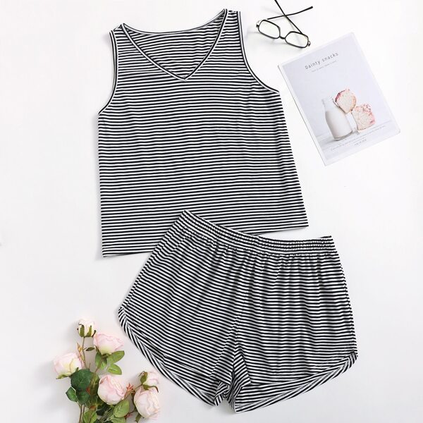 

Plus Striped Print V Neck Pajama Set, Black and white