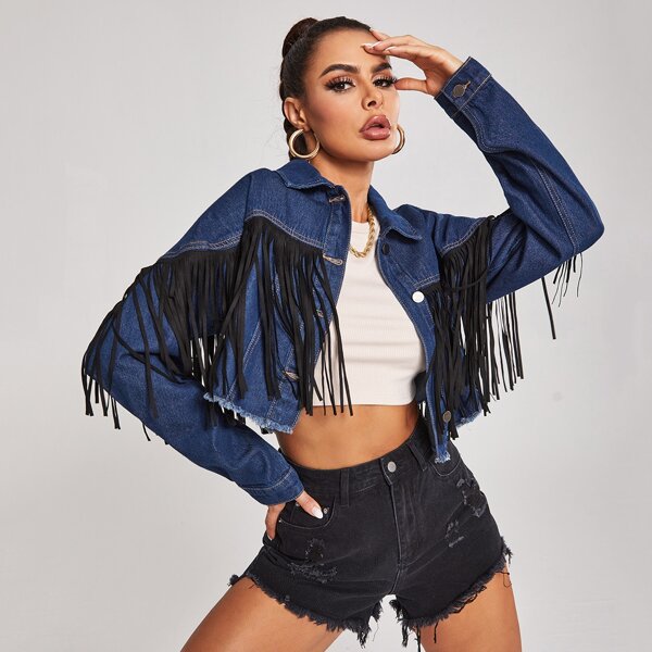 

Drop Shoulder Fringe Trim Crop Denim Jacket, Dark wash