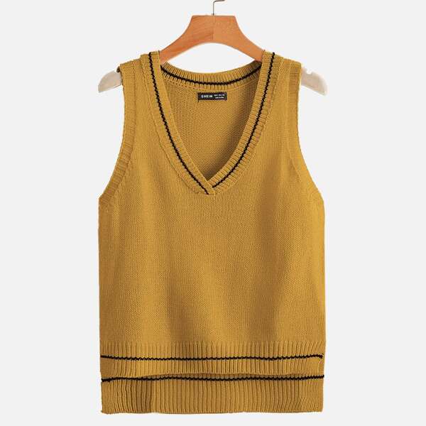 

Striped Trim Sweater Vest, Mustard yellow