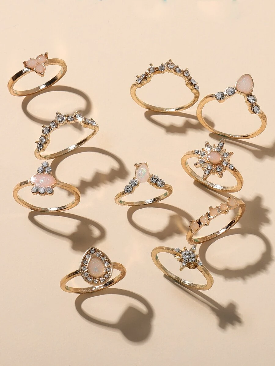 10pcs/set Rhinestone Inlaid Water Drop Design Ring Combination For Women, Suitable For Daily Wear, Work, Parties, Festivals, Birthday Gift - Yellow Gold - View 1