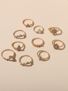 10pcs/set Rhinestone Inlaid Water Drop Design Ring Combination For Women, Suitable For Daily Wear, Work, Parties, Festivals, Birthday Gift - Yellow Gold - View 2