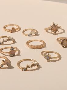 10pcs/set Rhinestone Inlaid Water Drop Design Ring Combination For Women, Suitable For Daily Wear, Work, Parties, Festivals, Birthday Gift - Yellow Gold - View 3