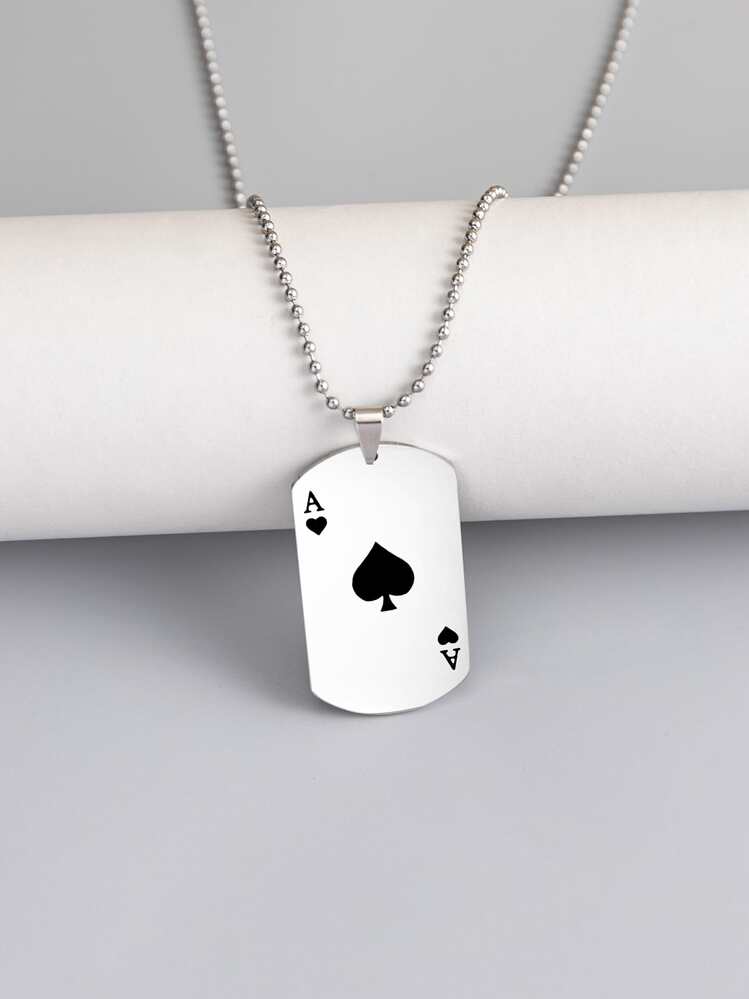 Fashionable and Popular Men Playing Card Charm Necklace Stainless Steel for Jewelry Gift and for a Stylish Look - Silver - View 1