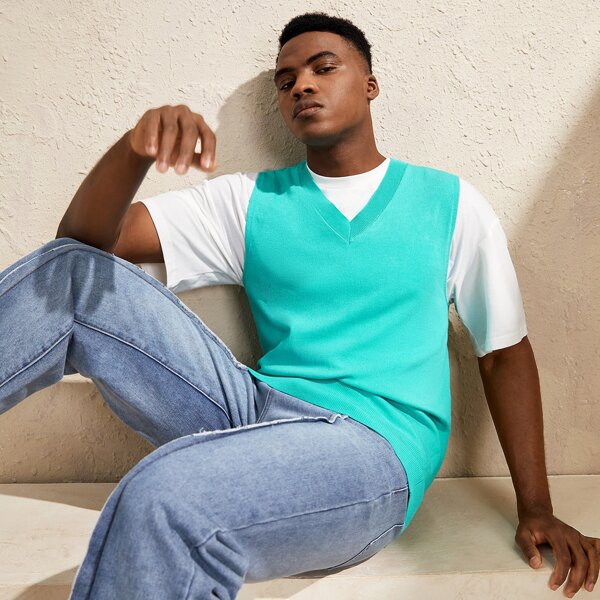 

Men V-neck Solid Sweater Vest, Mint blue