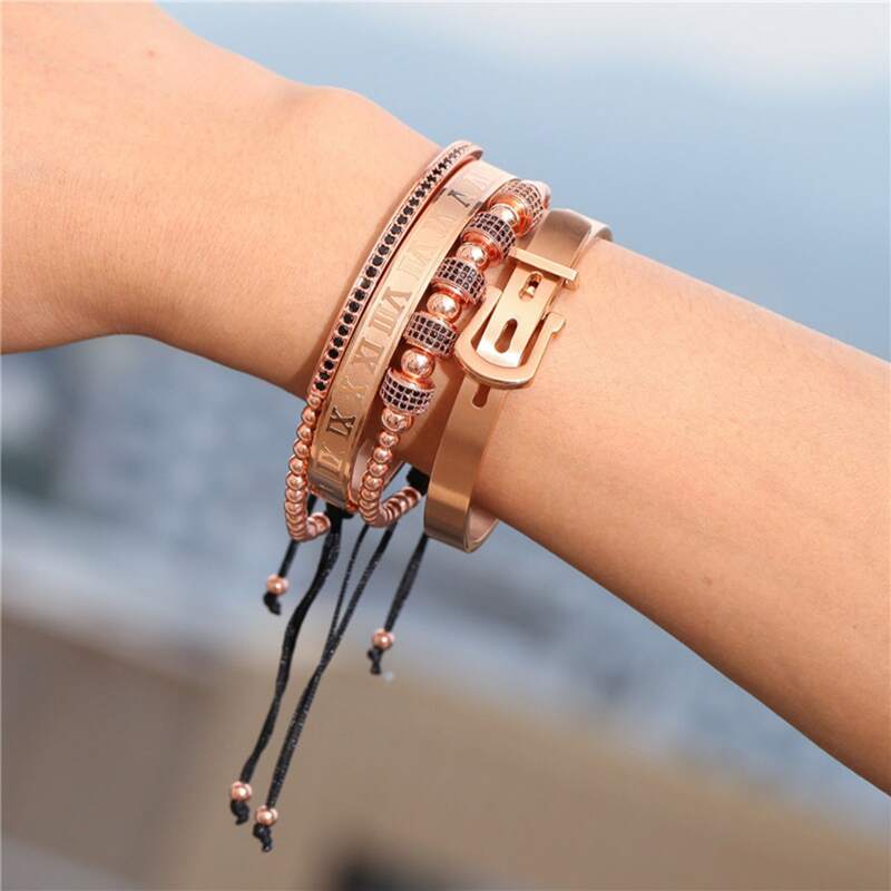 

4pcs Guys Zircon Decor Bracelet, Rose gold
