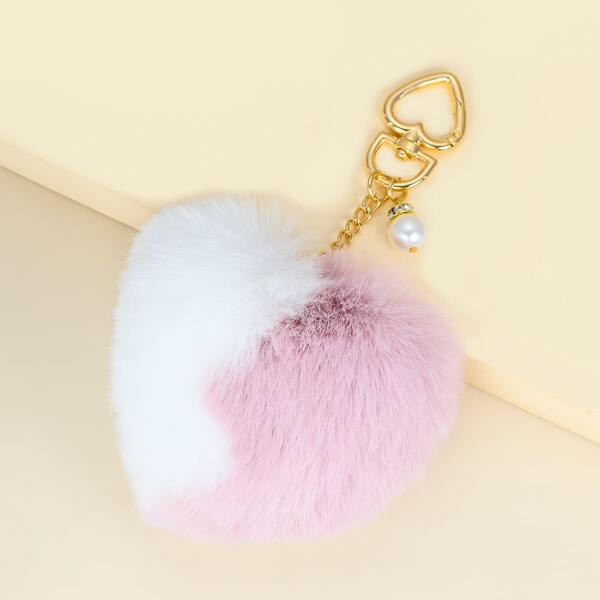 

Fluffy Heart Charm Keychain, Red and white