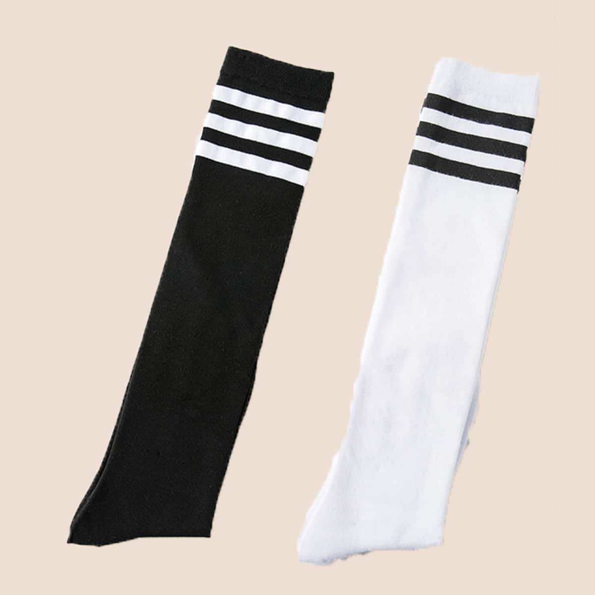

2pairs Stripe Over-the-knee Socks, Black and white
