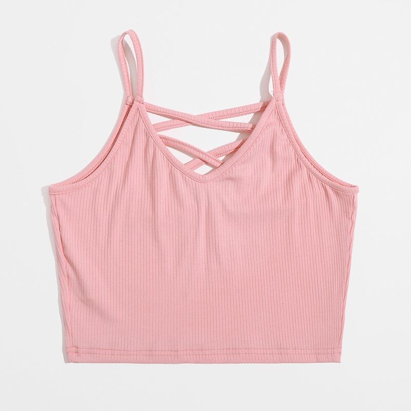 

Solid Ribbed Criss Cross Crop Cami, Pink