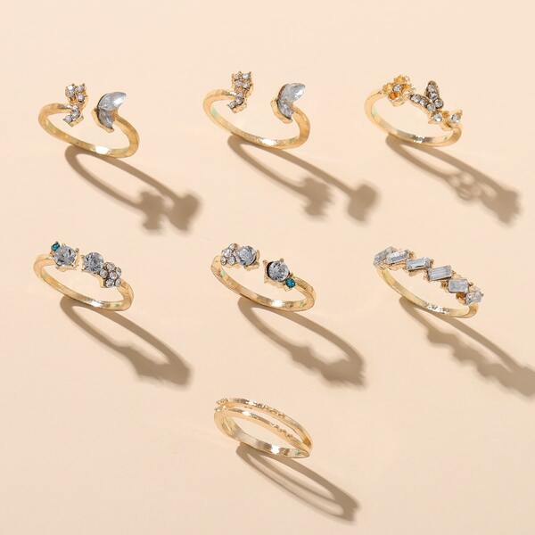 

7pcs Rhinestone Decor Ring, Gold