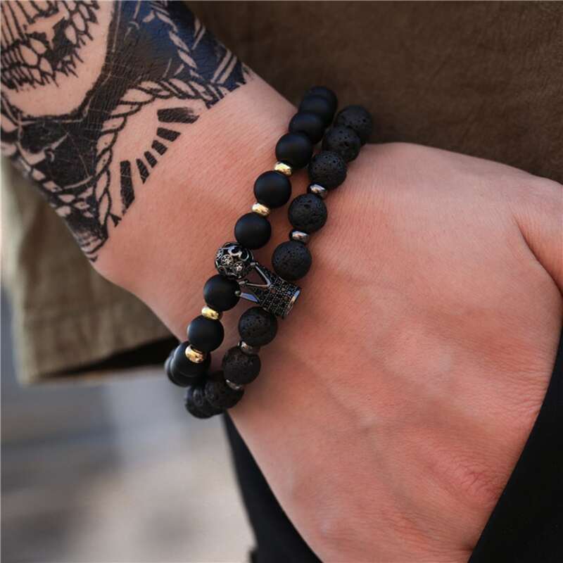 

2pcs Guys Crown Decor Beaded Bracelet, Black