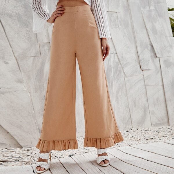 

Ruffle Hem Wide Leg Pants, Khaki