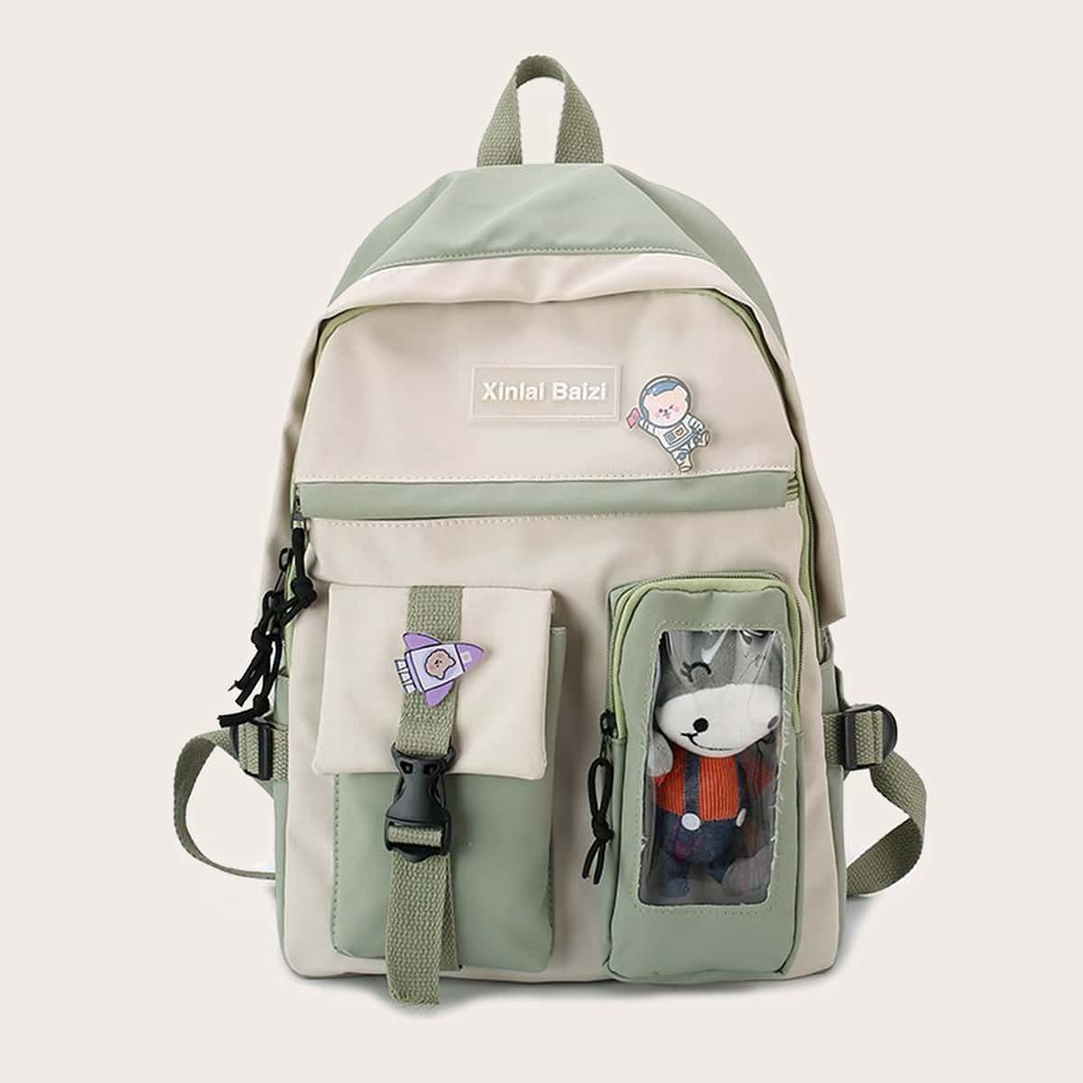 

Cartoon Decor Pocket Front School Bag, Green