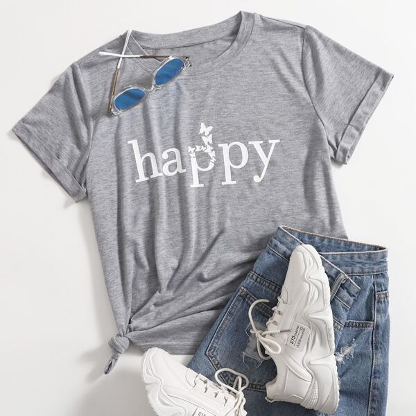 

Letter and Butterfly Print Rolled Cuff Tee, Grey
