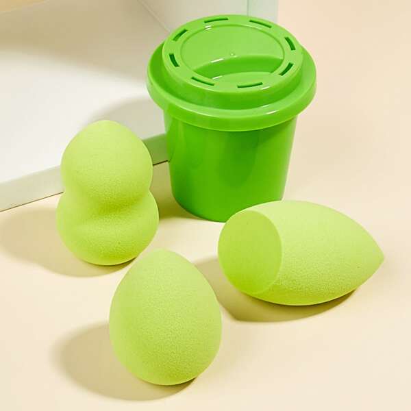 

3pcs Makeup Sponge & 1pc Storage Box, Green