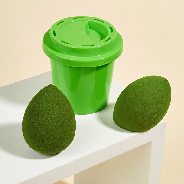 

2pcs Makeup Sponge & 1pc Storage Box, Green