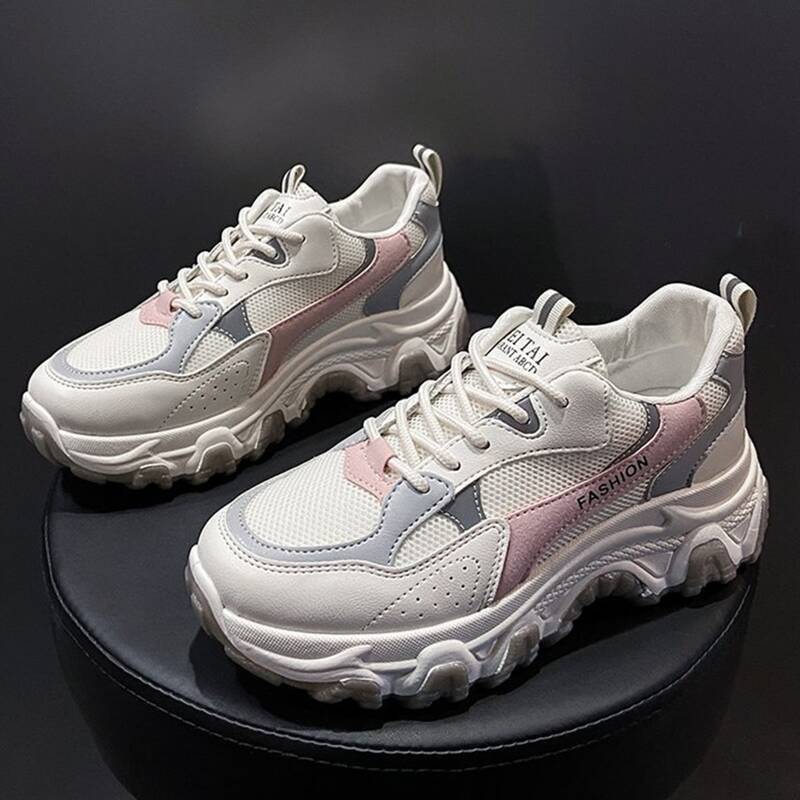 

Colorblock Lace-up Mesh Chunky Sneakers, Beige