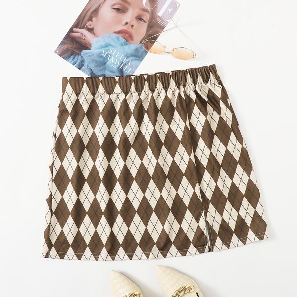 

Plus Argyle Print Split Hem Skirt, Multicolor