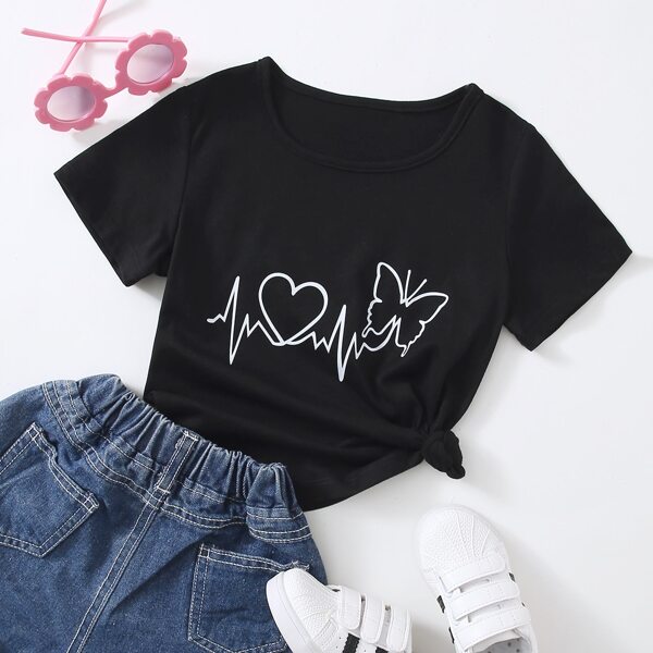 

Toddler Girls Butterfly & Heart Print Tee, Black