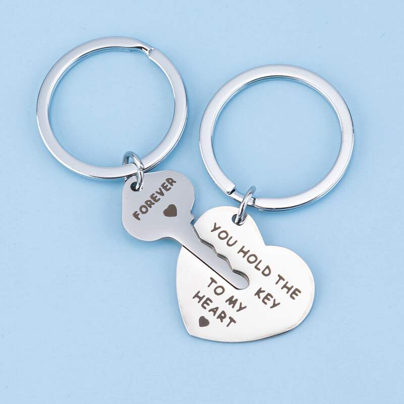 

2pcs Key & Heart Couple Keychain, Silver