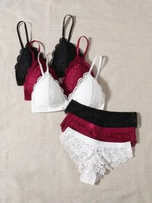 3入組花卉蕾絲內衣褲套裝