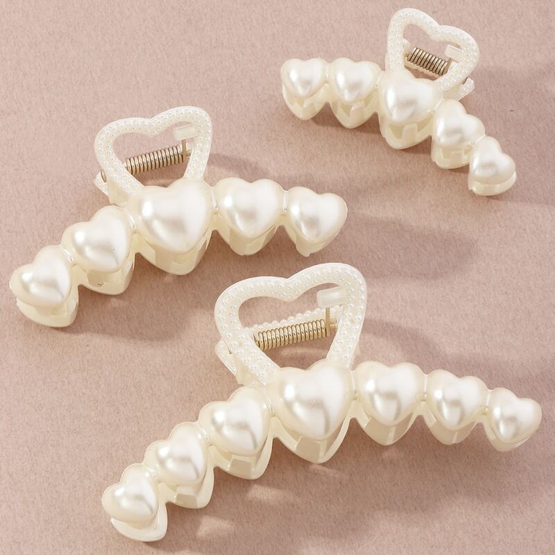 

3pcs Faux Pearl Heart Hair Claw, White