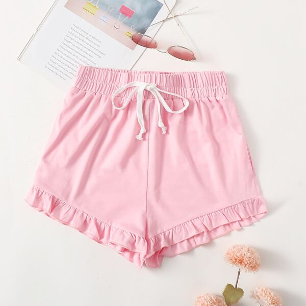 

Ruffle Hem Tie Front Shorts, Baby pink