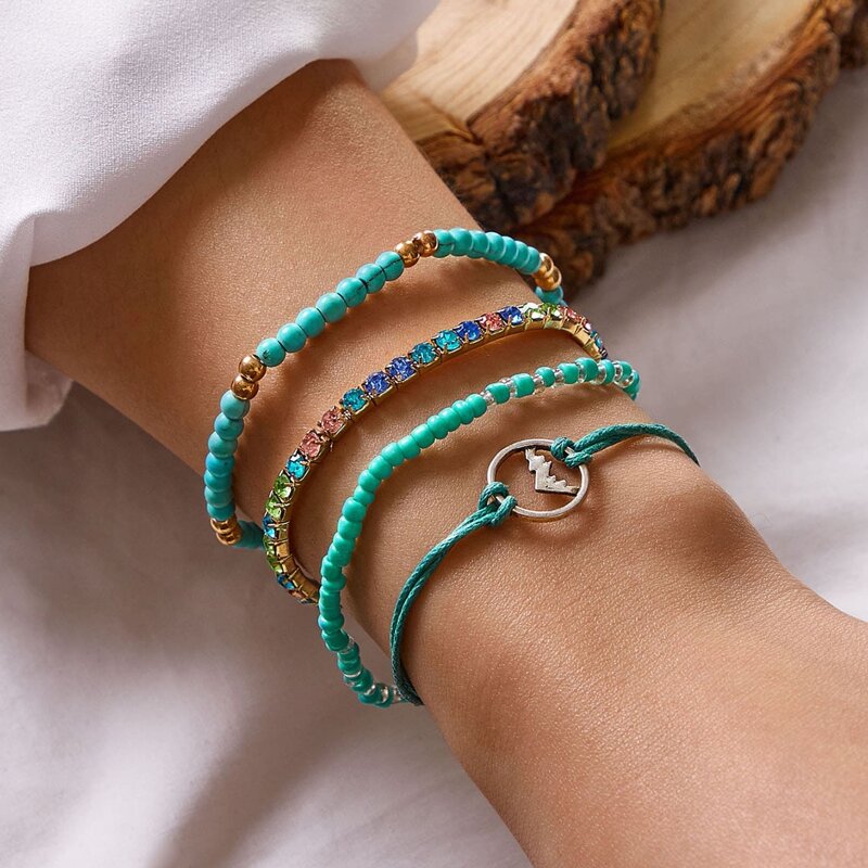 4pcs Beaded & Rhinestone Bracelet, Multicolor