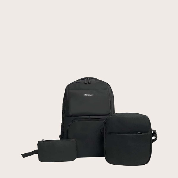 

3pcs Letter Graphic Pocket Front Backpack Set, Black