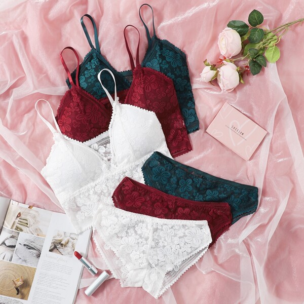 

3pairs Floral Lace Lingerie Set, Multicolor