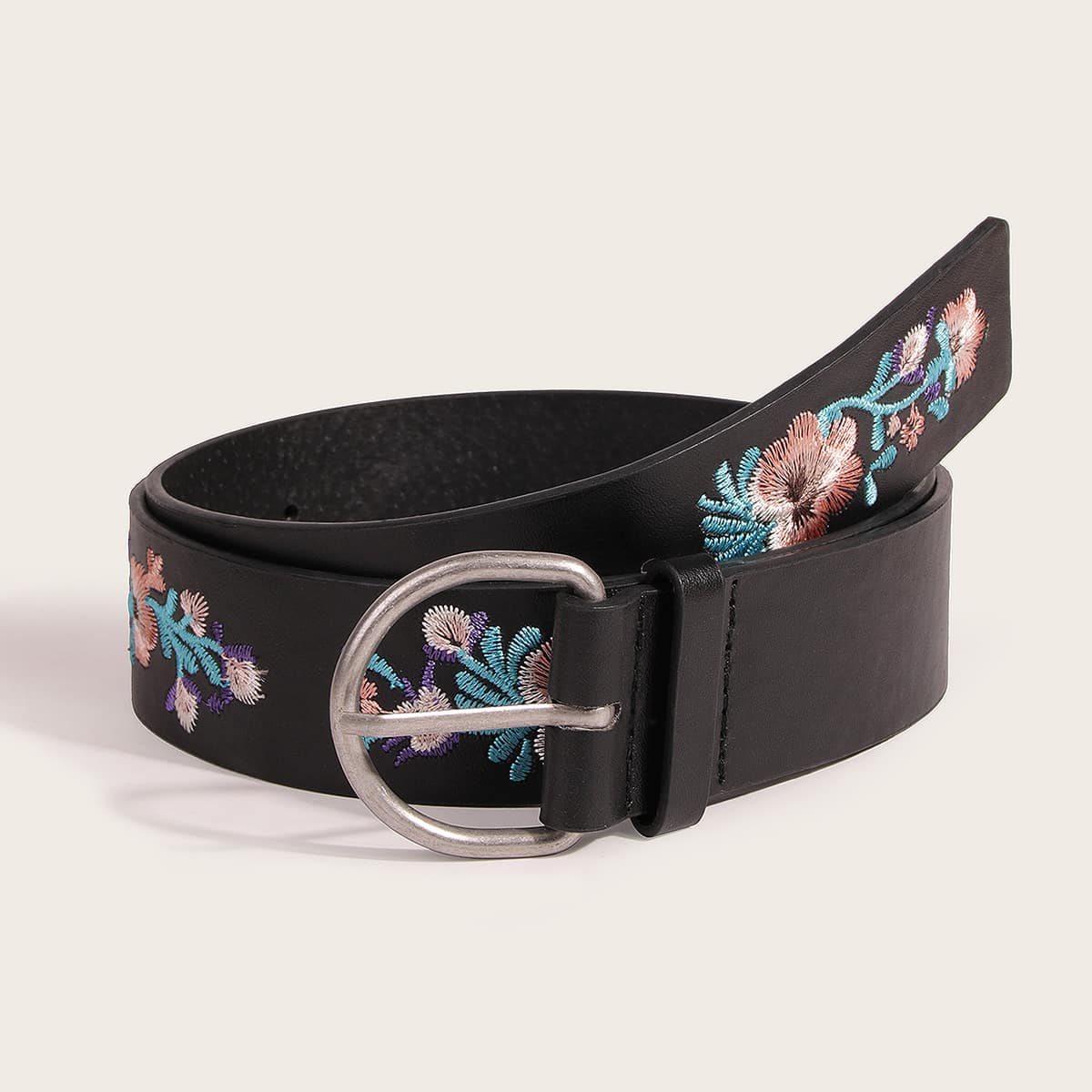 

Flower Embroidered Belt, Black