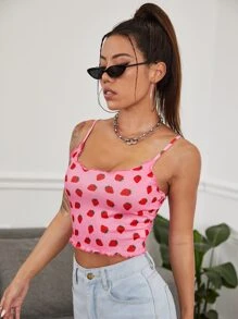 SHEIN Qutie Strawberry Print Lettuce Edge Cami Top - Multicolor - View 3