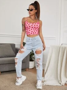 SHEIN Qutie Strawberry Print Lettuce Edge Cami Top - Multicolor - View 5