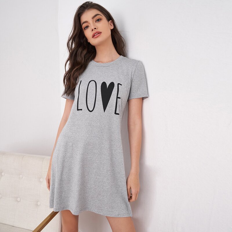 

Letter & Heart Print Round Neck Lounge Dress, Light grey