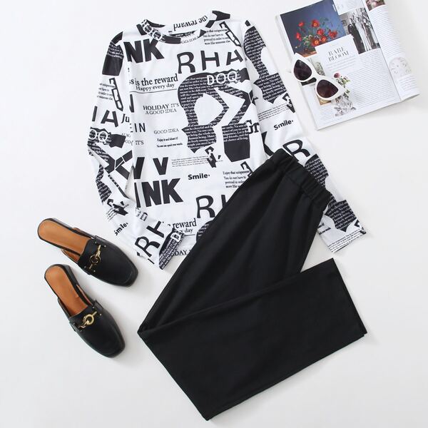 

Letter Graphic Tee and Pants Set, Black and white