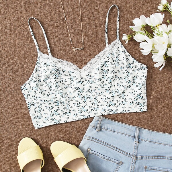 

Lace Trim Ditsy Floral Cami Crop Top, Multicolor