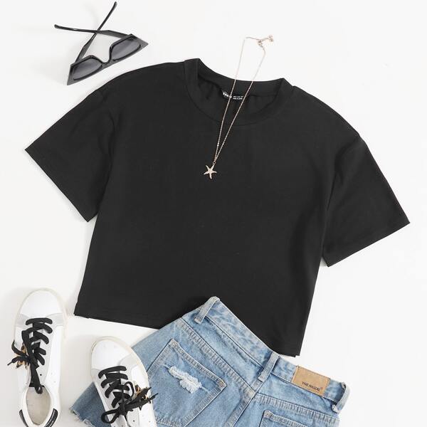 

Round Neck Solid Crop Tee, Black