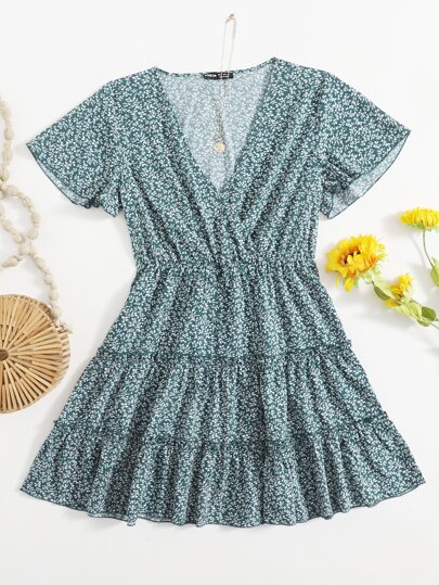 Surplice Neck Frill Trim Ditsy Floral Dress