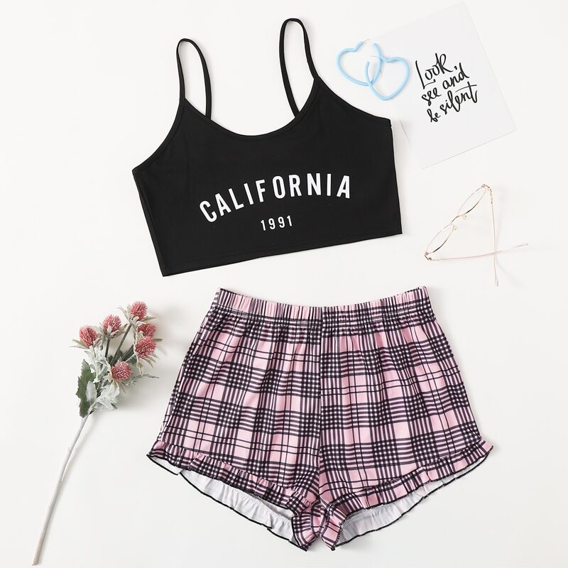 

Letter And Plaid Print Cami Pajama Set, Multicolor