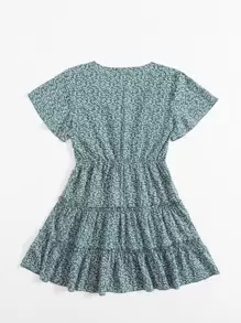 Breezaya 交叉領褶邊小碎花連衣裙 - 綠色 - 查看 2