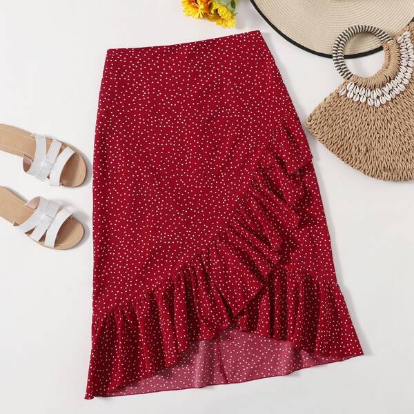 

Ruffle Trim Wrap Polka Dot Skirt, Burgundy