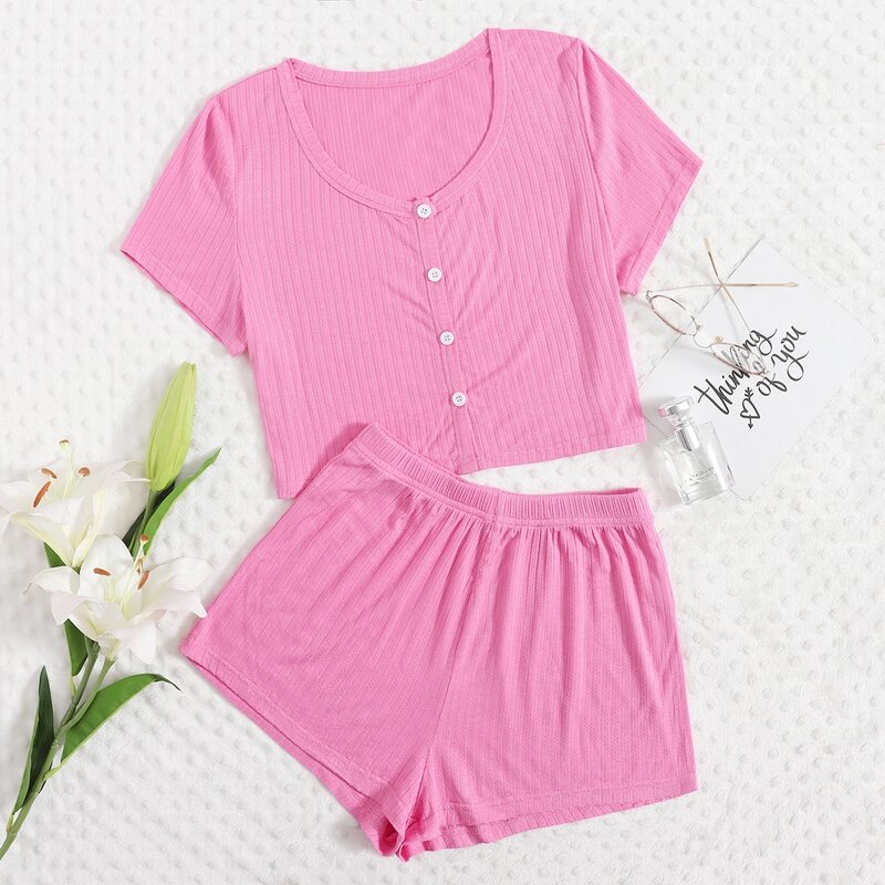 

Button Front Rib-knit Lounge Set, Pink