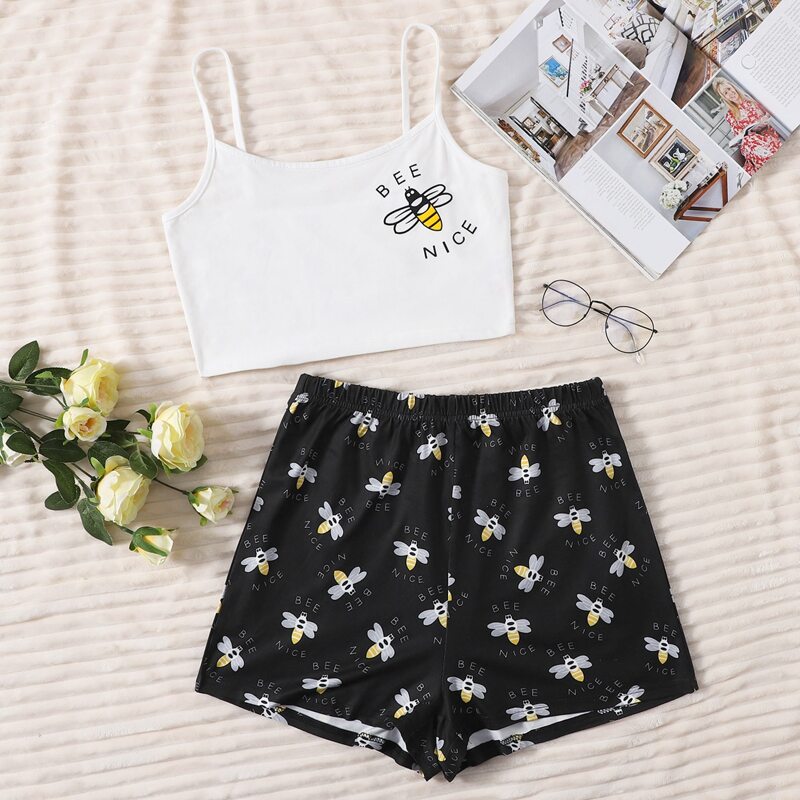 

Slogan & Cartoon Graphic Pajama Set, Black and white