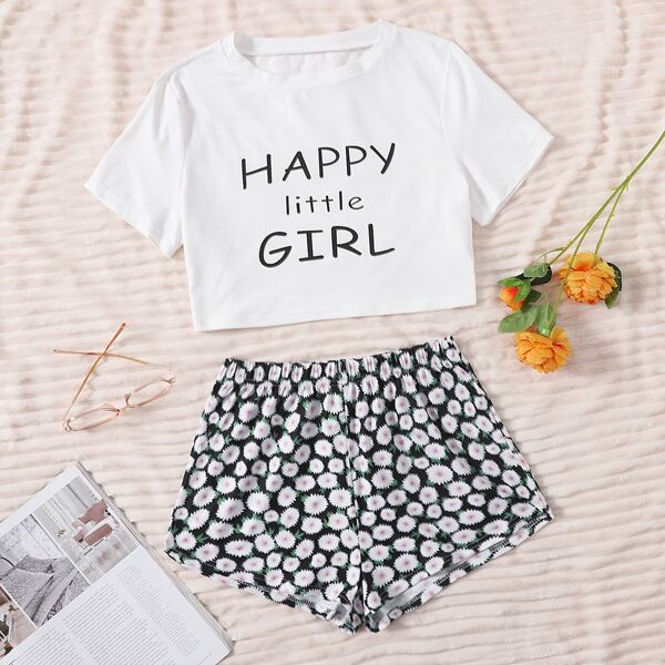 

Letter & Floral Print Pajama Set, Multicolor