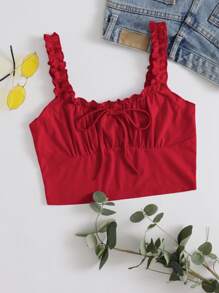 Muchica Frill Trim Tie Front Ruched Bust Top - Red - View 1